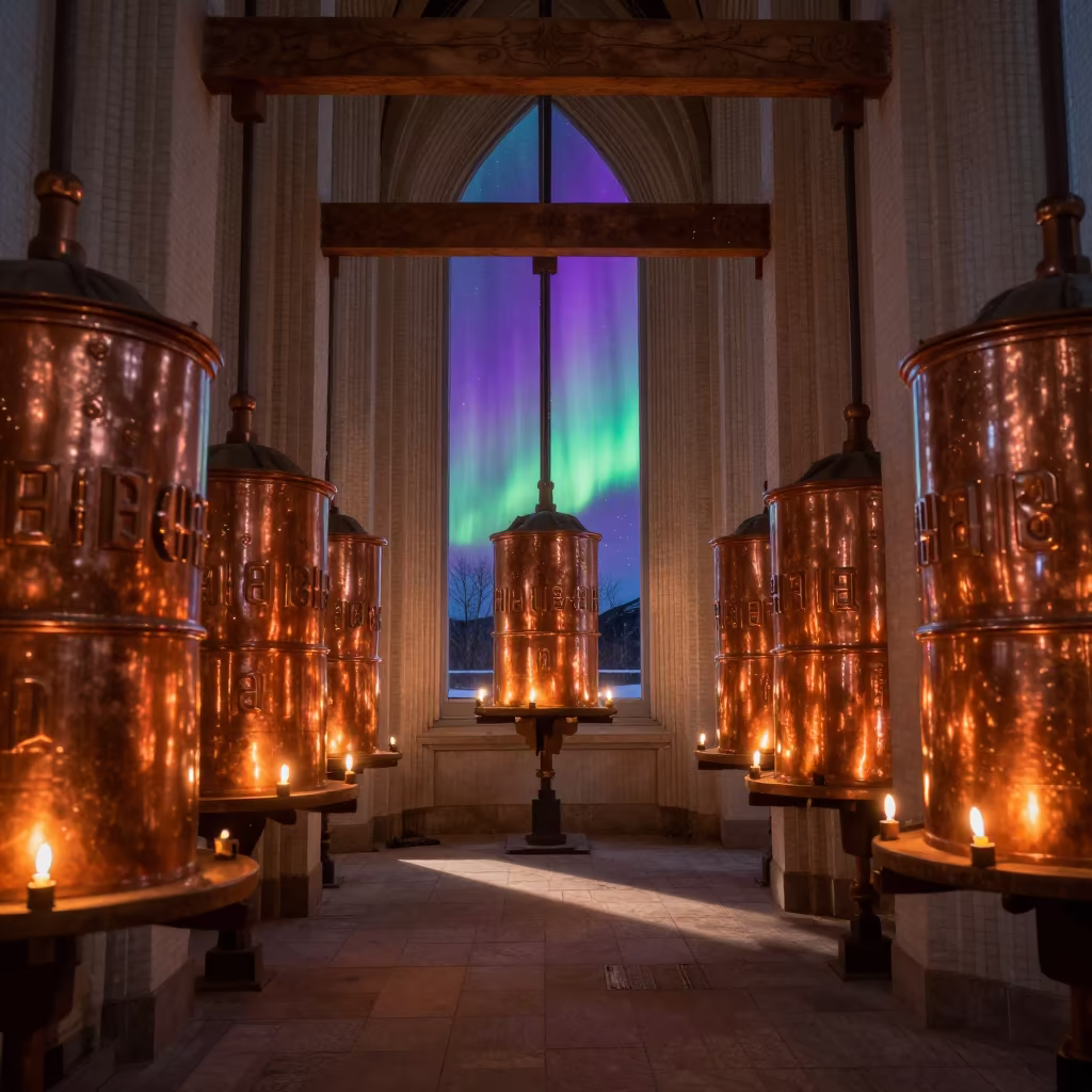 Purple Aurora Behind Stave Church Kiruna Midnight Sun in beside a prayer wheel corridor in Kiruna