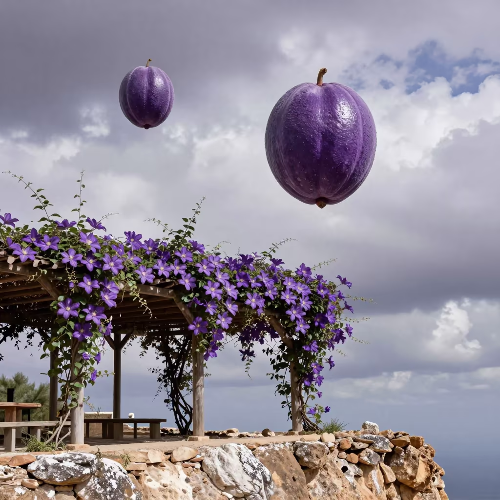 Purple Clematis Pergola Floating Fruit Sky Cartagena in along a salt-sprayed cliff edge near Cartagena