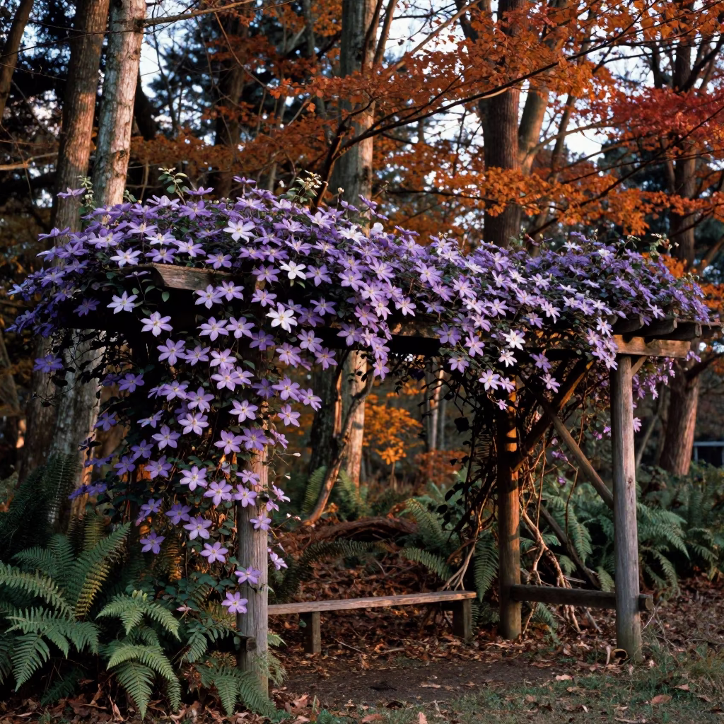 Purple Clematis on Wooden Pergola in Autumn Forest in on a fern-lined forest floor near Kobe