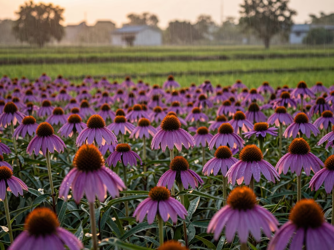 Purple Echinacea Blooms Under Rain at Sunset in among terraced rice paddies in Ludhiana