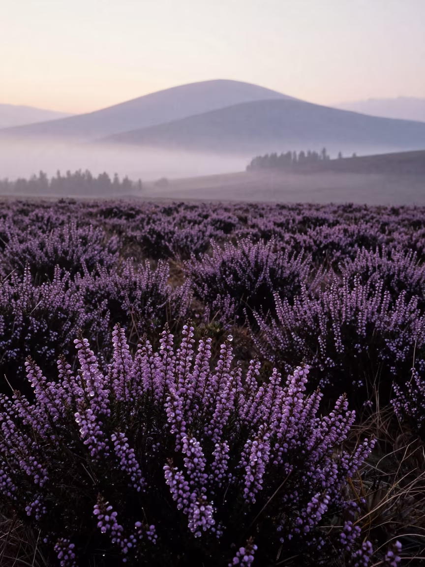 Purple Heather Moor in Polish Dawn Mist in from a ridge above layered foothills in Poland
