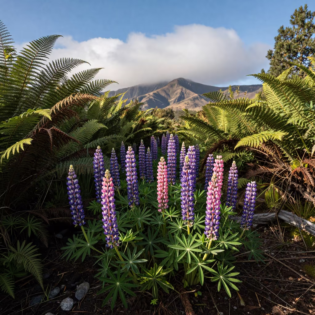 Purple Lupins on Fern Forest Floor Late Spring in on a fern-lined forest floor near Alexandria