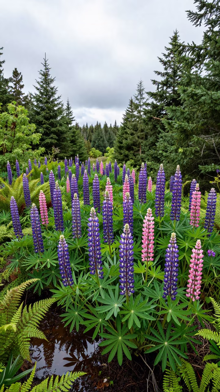 Purple Lupins and Ferns on PEI Forest Floor in on a fern-lined forest floor in Prince Edward Island