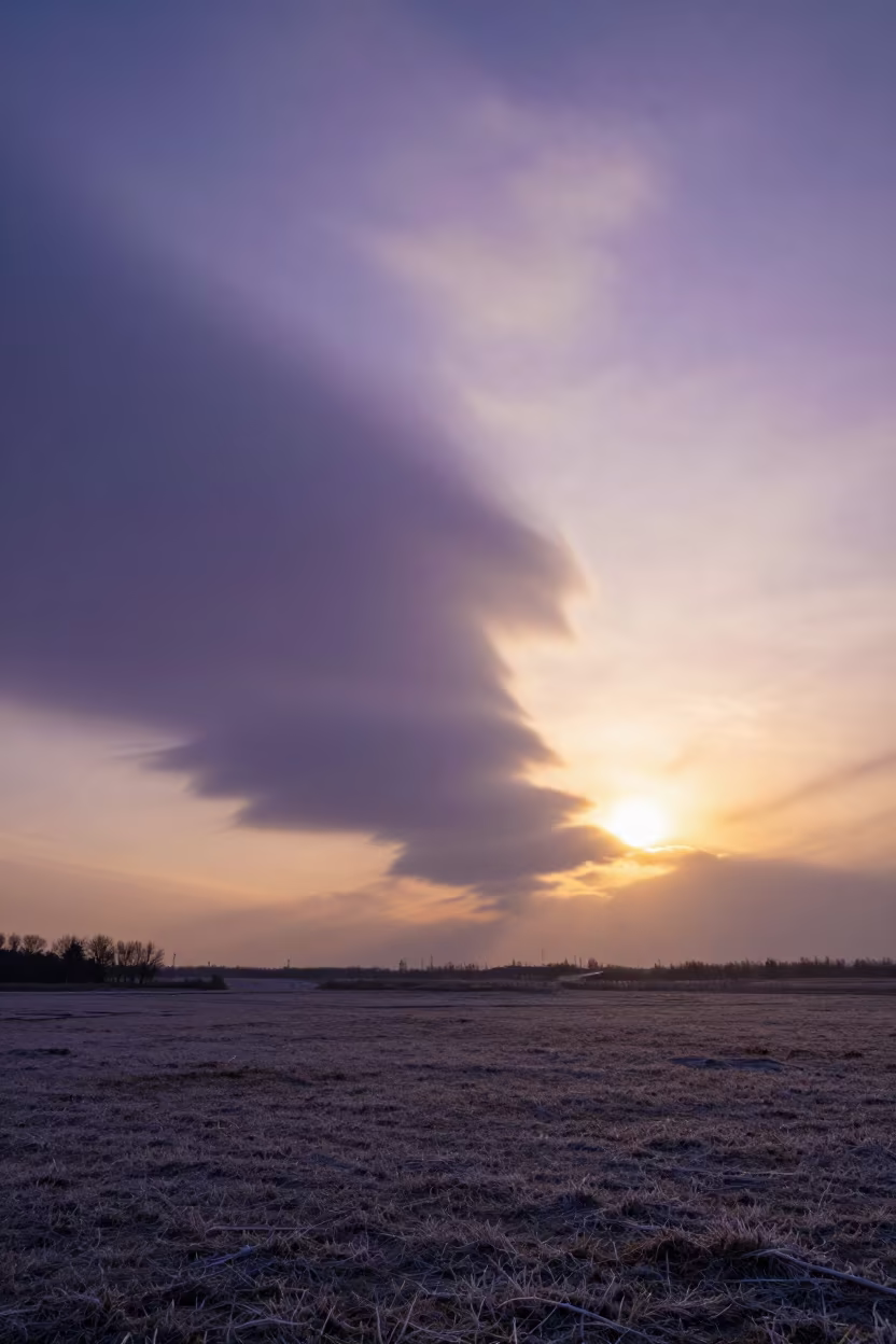 Purple Mammatus Clouds Over Storm-Bright Dalian Plain in across a storm-bright plain near Dalian