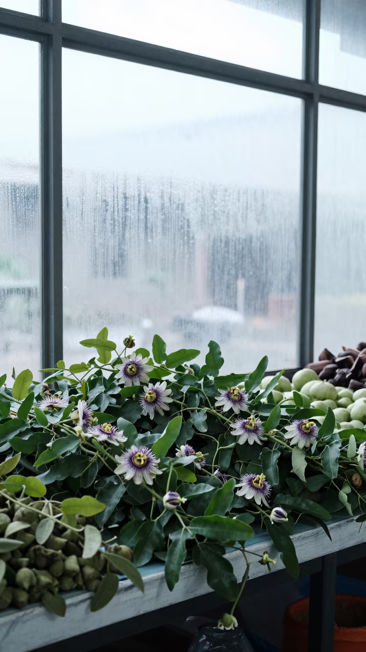Purple Passion Fruit Vine on Market Table in on a painted produce display table in Thủ Đức
