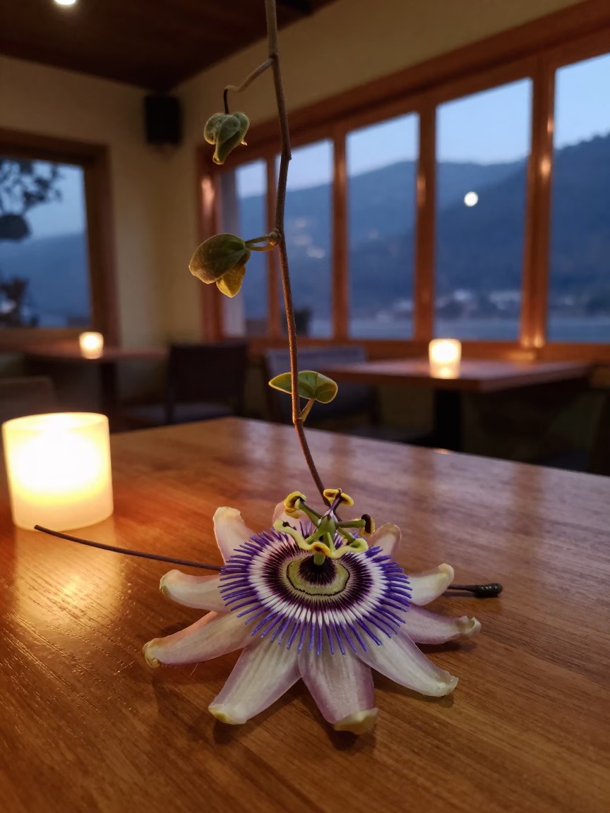 Purple Passionflower on Cafe Table Winter Rishikesh in on a cafe table by a window in Rishikesh