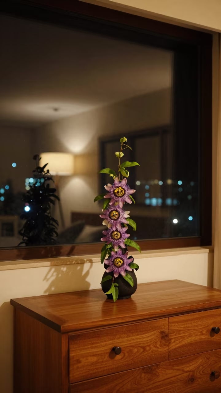 Purple Passionflower on Erode Hotel Dresser at Dusk in on a hotel dresser in Erode