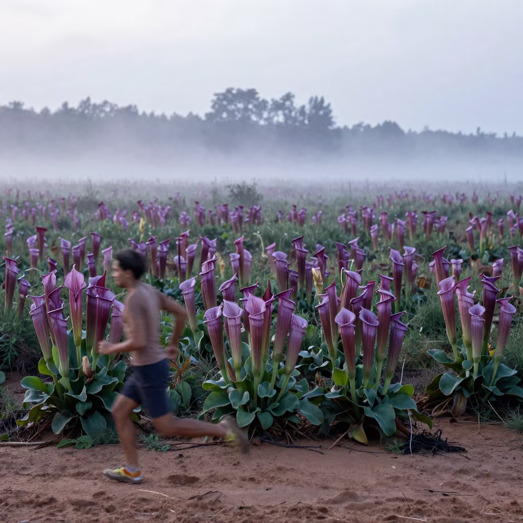 Purple Pitcher Plant Bog Dawn Mist Runner in along a beach near Kunming