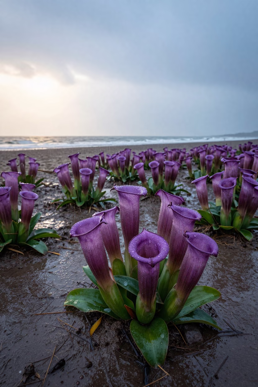 Purple Pitcher Plants in Winter Rain on Beach in along a beach near Duhok