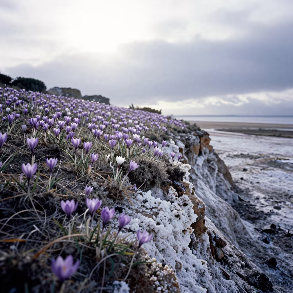 Purple Saffron Crocus on Salt-Sprayed Cliff in along a salt-sprayed cliff edge near Aguascalientes