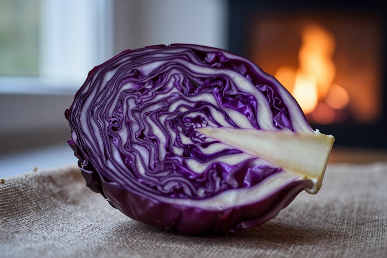 Purple Spiral Cabbage Cross Section Macro in against woven linen fibers near Frankfurt