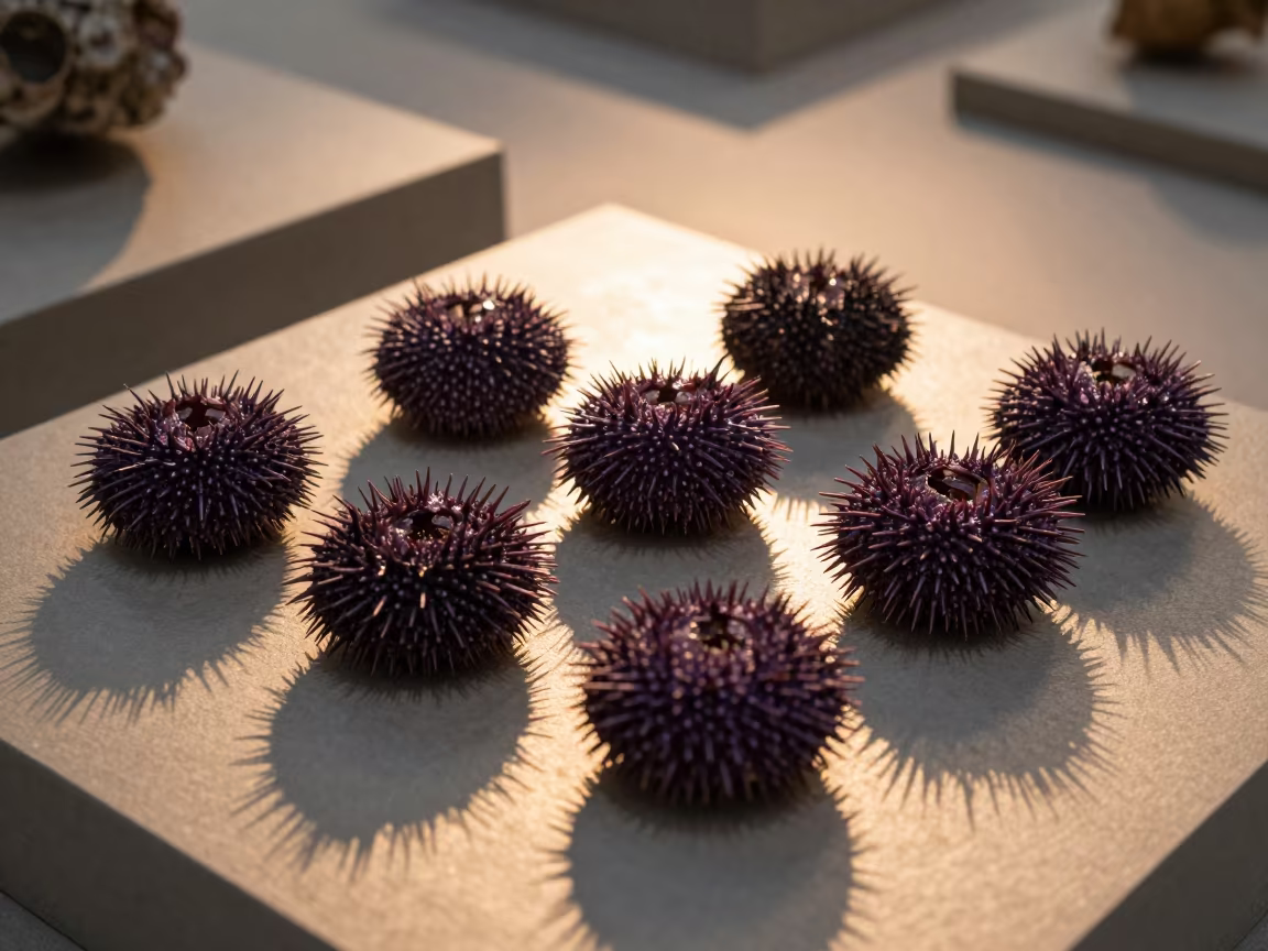 Purple Urchins and Chitons on Museum Plinth in on a museum plinth in Nara
