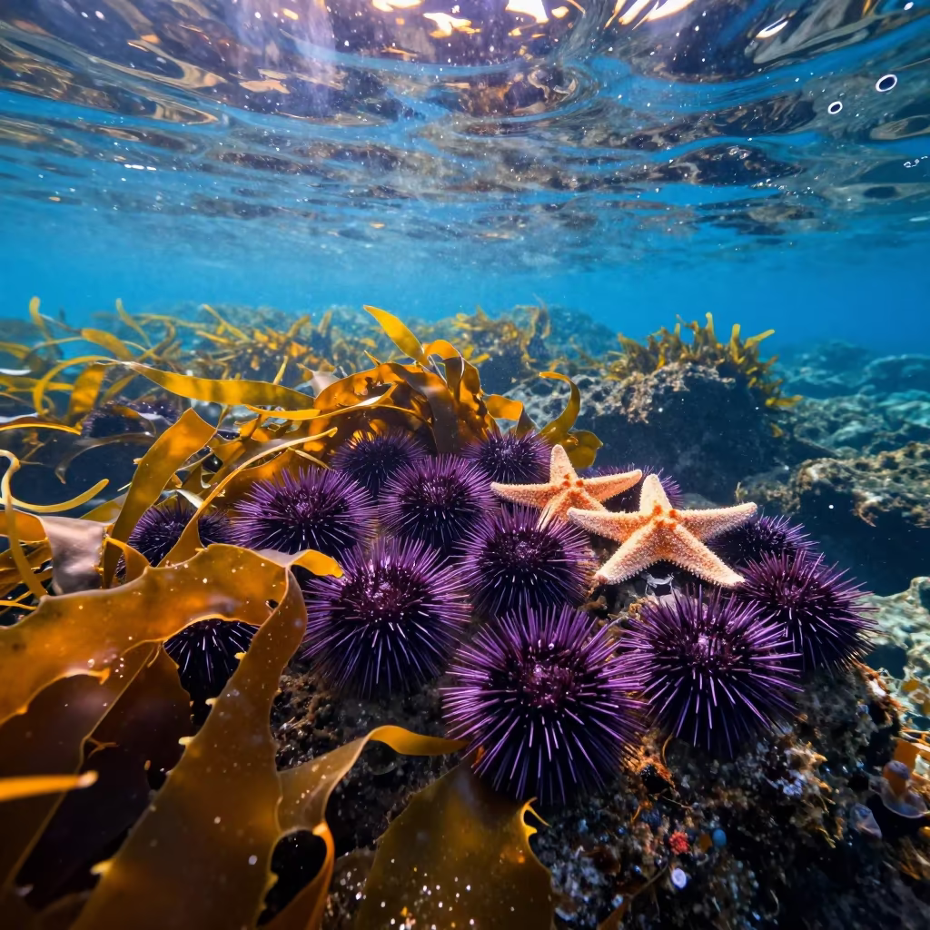 Purple Urchins Orange Starfish Backlit Kelp in through kelp fronds beside a rocky shelf in Old Harbour, Reykjavik