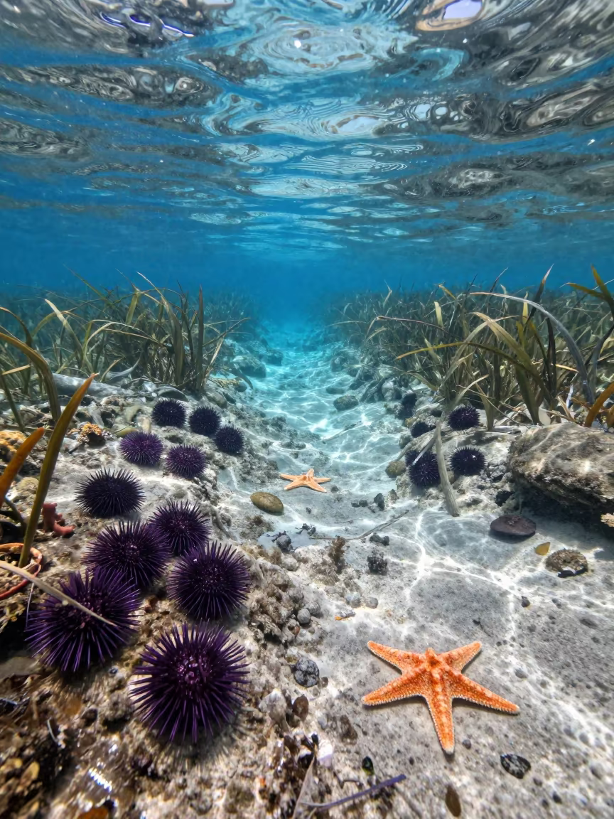 Purple Urchins Orange Starfish Havana Tide Pool in along a seagrass channel near the coast in Havana