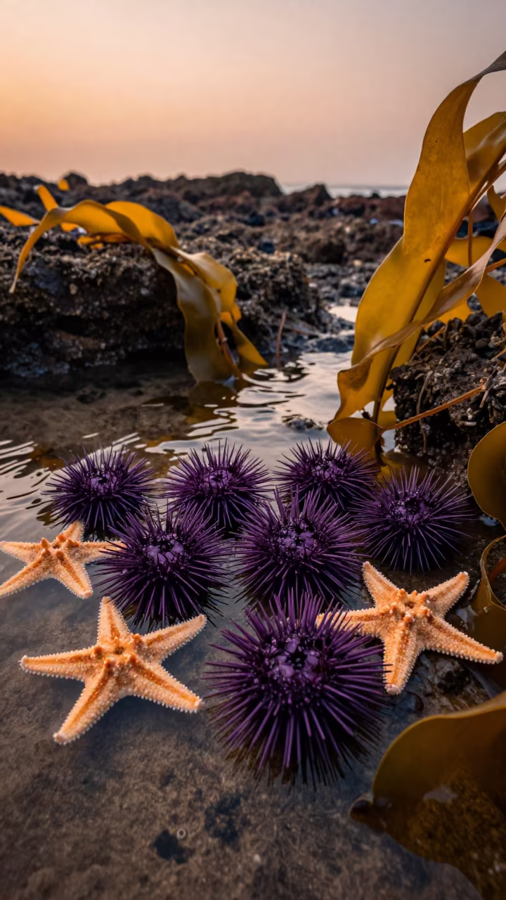 Purple Urchins and Orange Starfish in Mumbai Tide Pool in through kelp fronds beside a rocky shelf near Crawford Market, Mumbai