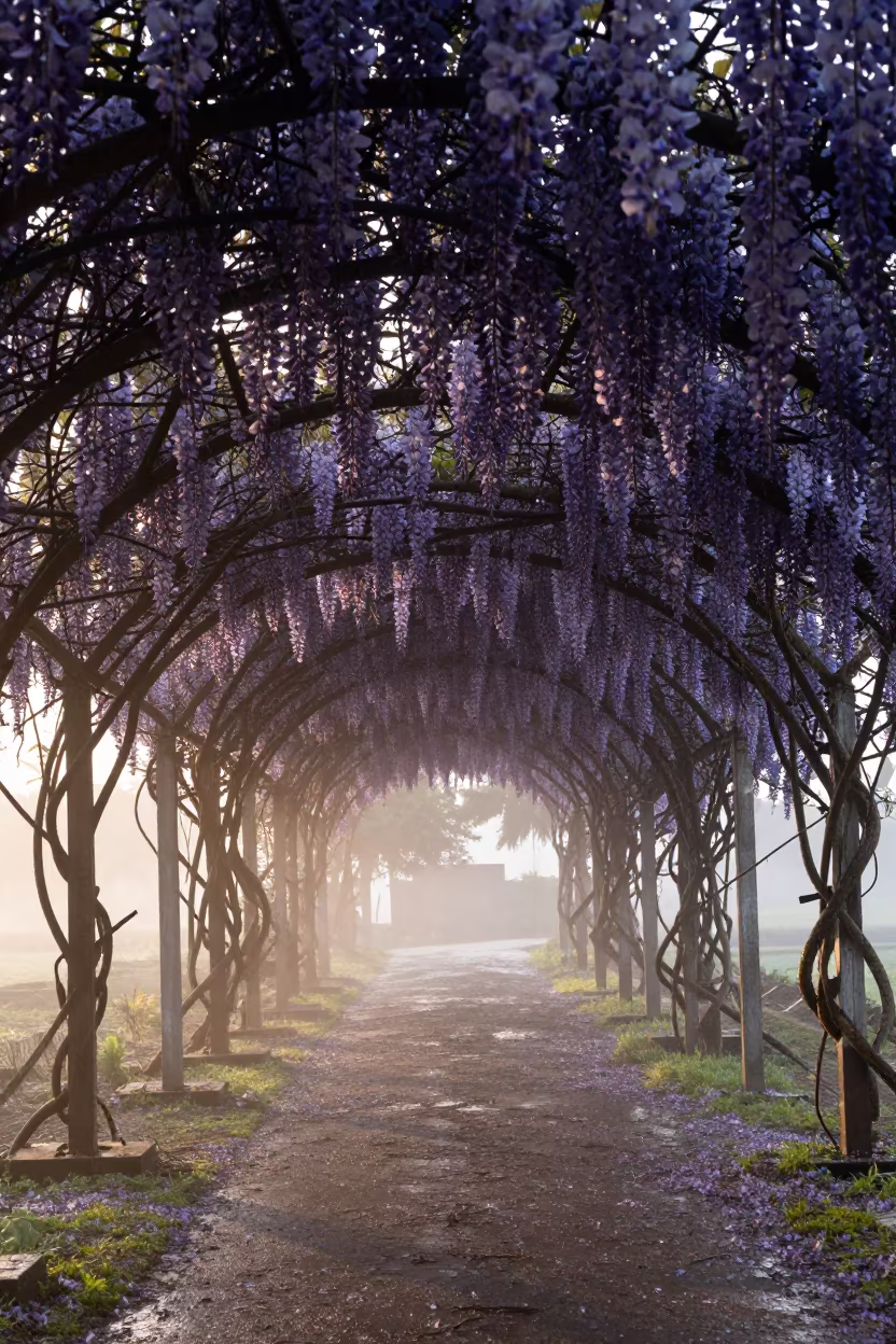 Purple Wisteria Tunnel at Dawn in Tamil Nadu in near Tiruchirappalli
