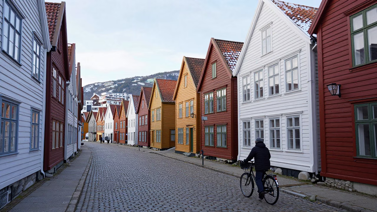 Pushing Bicycle in Bergen in in Bergen, Norway