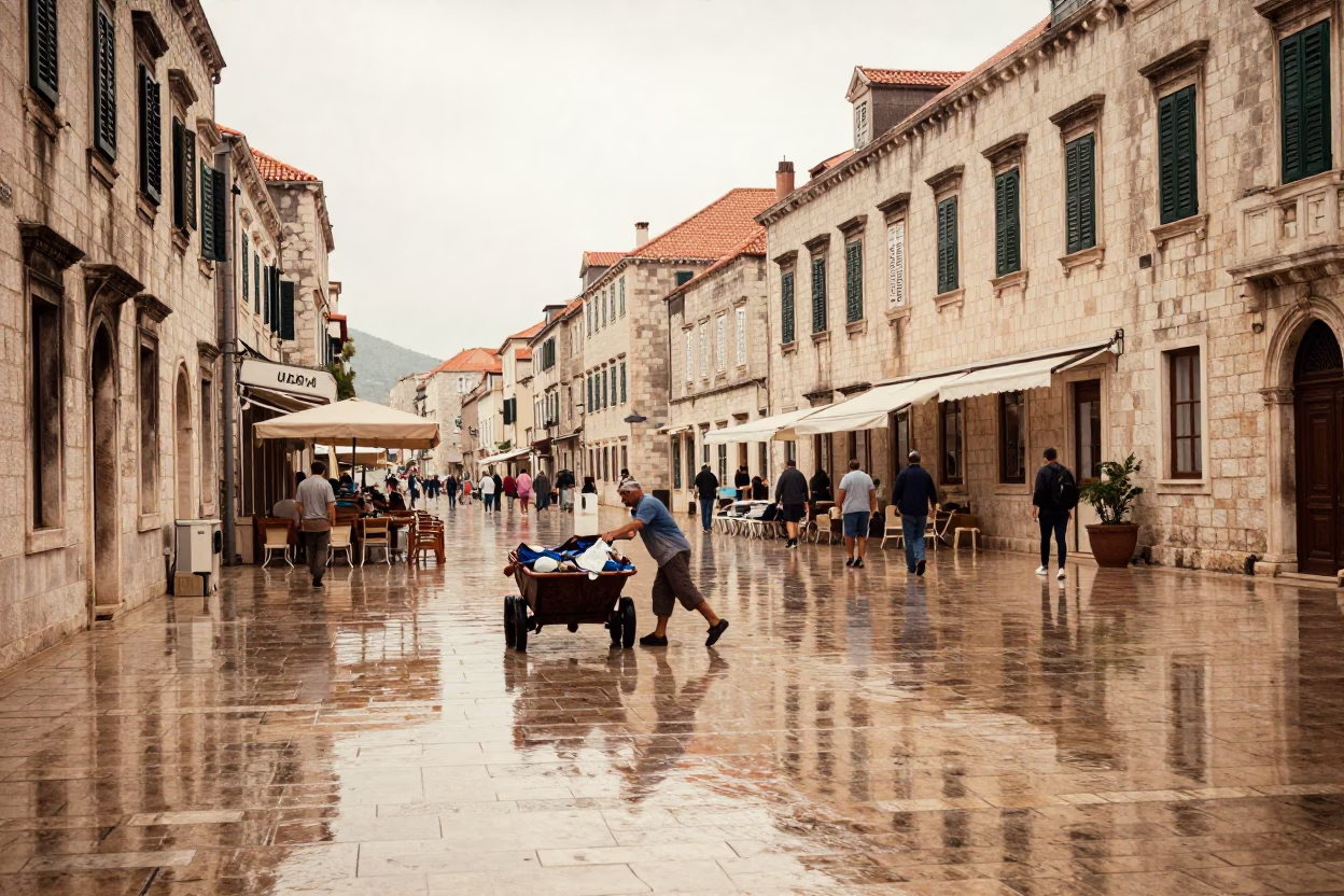 Pushing Cart in Dubrovnik in in Dubrovnik, Croatia