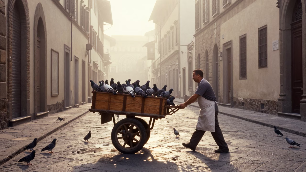 Pushing Cart in Florence in in Florence, Italy