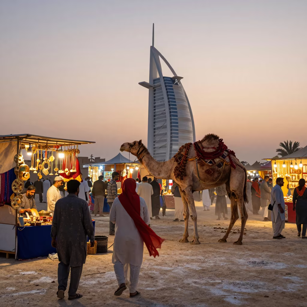 Pushkar Camel Fair Sunset Dubai Night Market in at a night market in Jumeirah, Dubai
