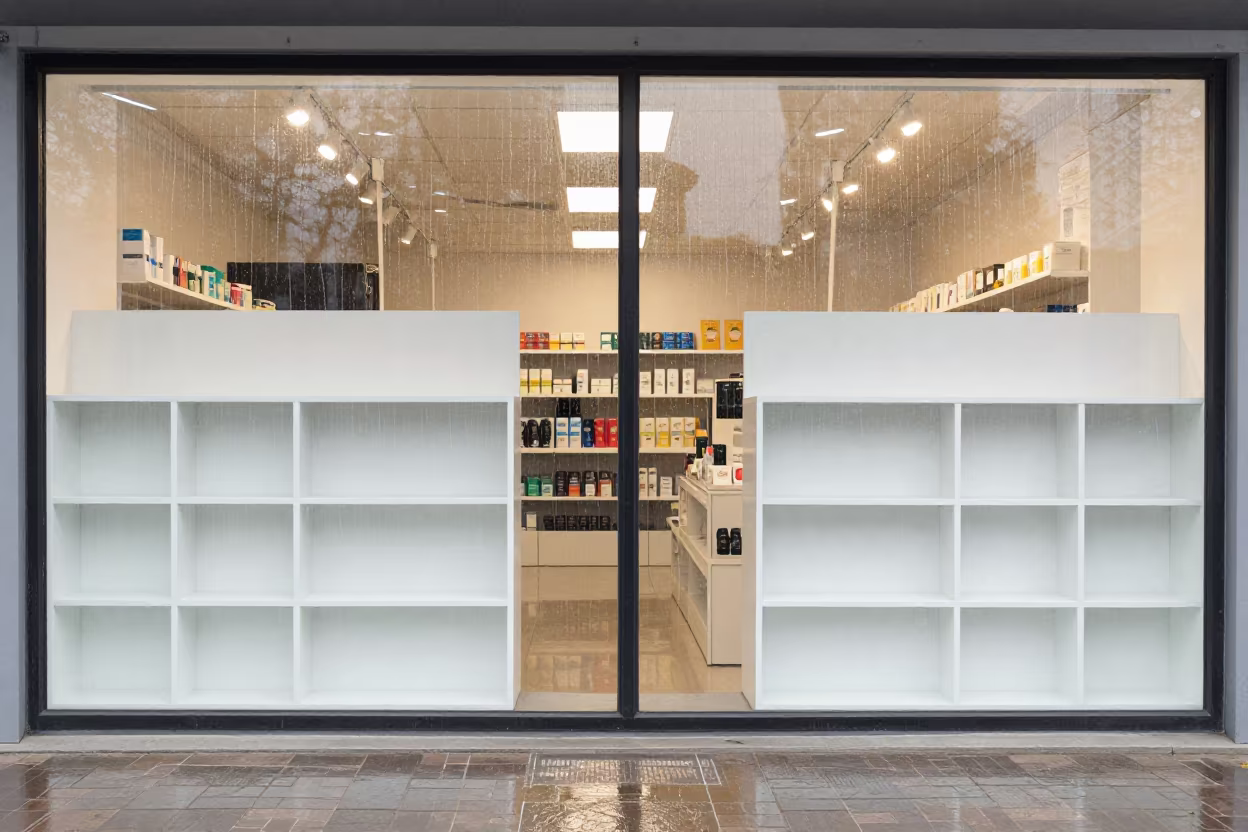 Pyongyang Copy Center Poster Tube Cubby Window in outside a lit retail frontage after dark in Pyongyang