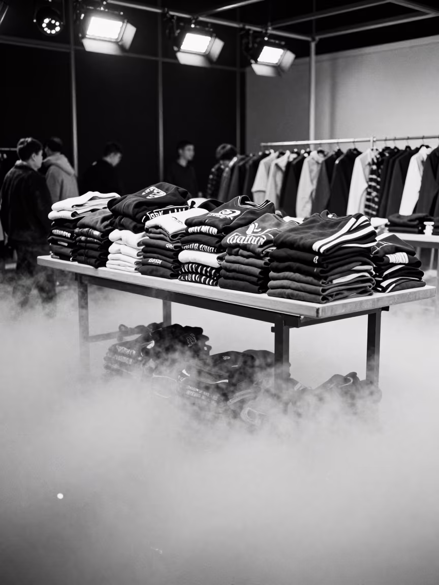 Pyongyang Streetwear Layers Under Night Fog in under runway rehearsal lights in Pyongyang