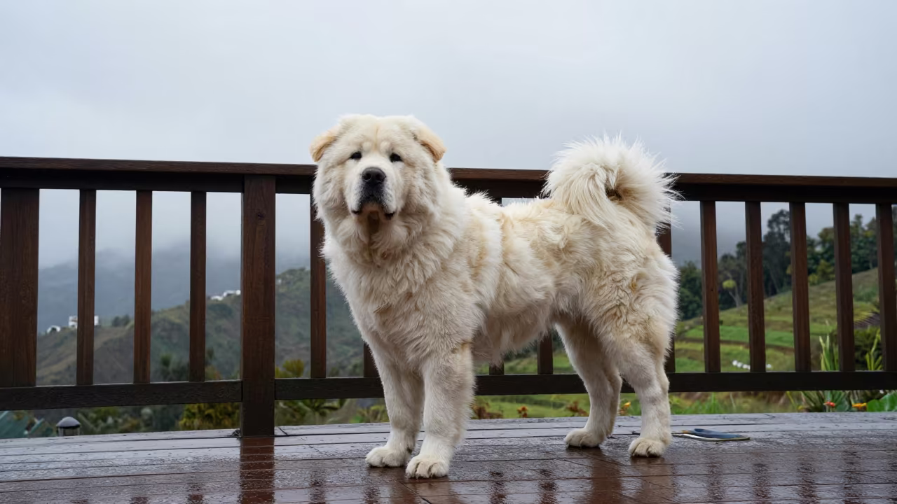 Pyrenean Mastiff on Machala Porch After Rain in on a shaded front porch with boards, railings, and eye-level framing near Machala