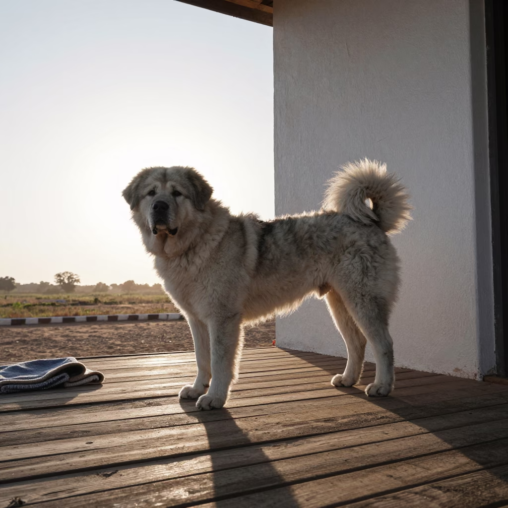 Pyrenean Mastiff on Nampula Porch with Warm Light in on a shaded front porch with boards, railings, and eye-level framing in Nampula