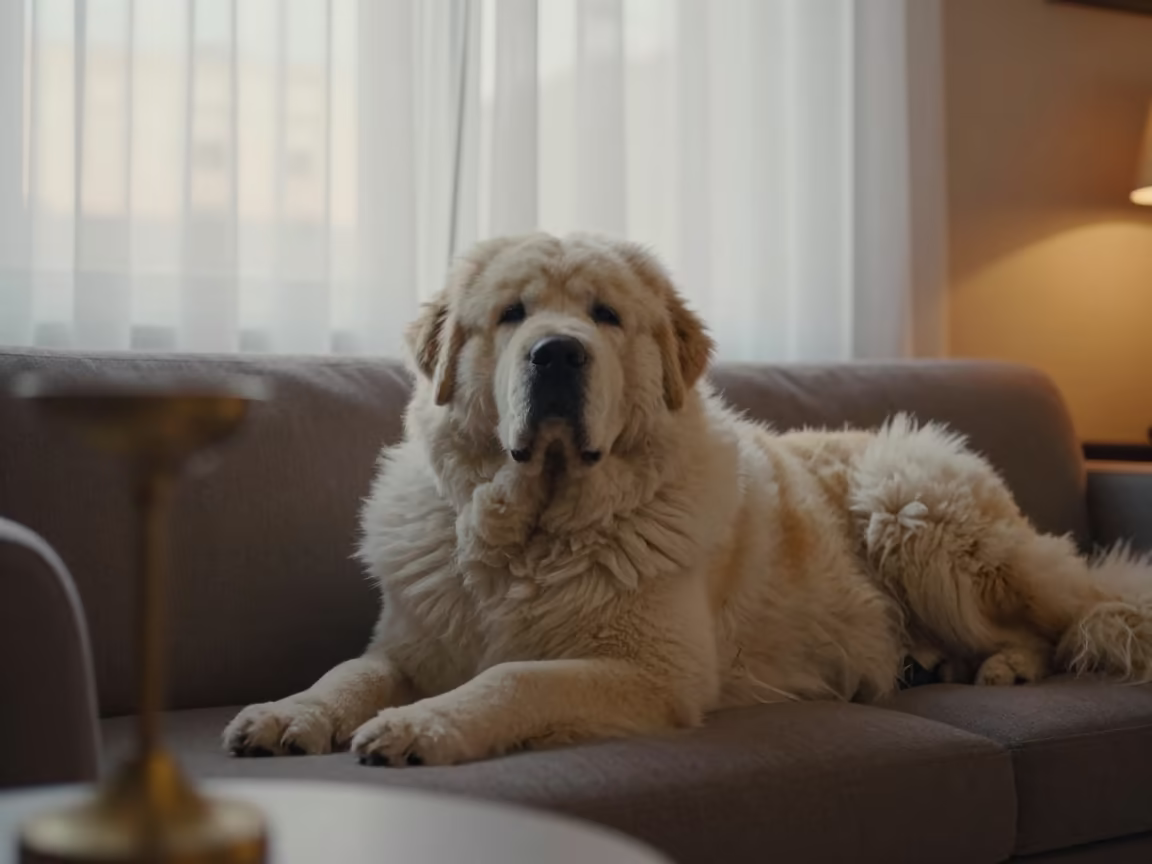 Pyrenean Mastiff Portrait Near Curtained Window in on a sofa near a curtained window with calm indoor light in Kunduz