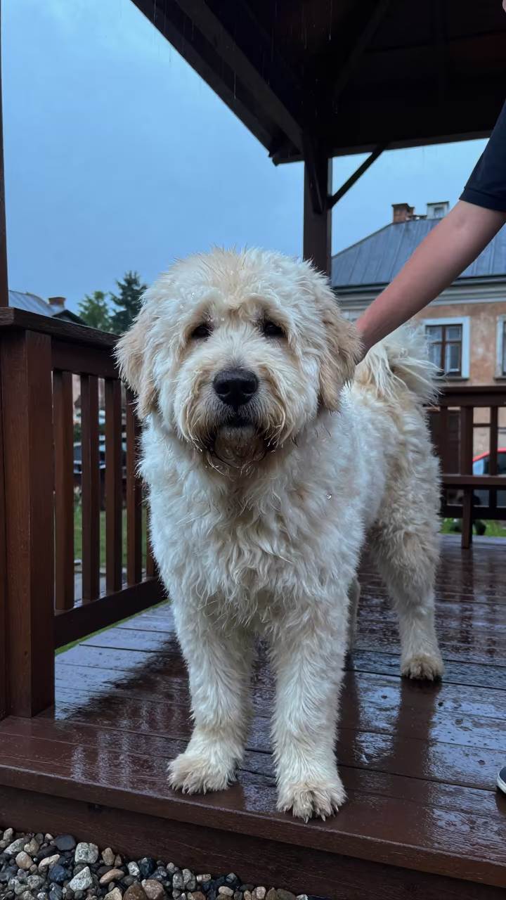 Pyrenean Mastiff Portrait on Lviv Porch in on a shaded front porch with boards, railings, and eye-level framing in Lviv