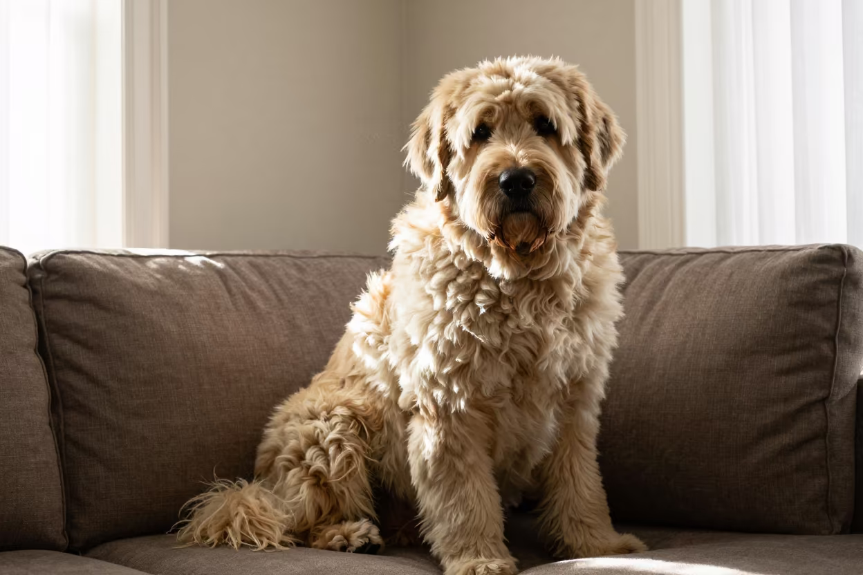 Pyrenean Mastiff Portrait on Sofa in Late Afternoon Light in on a sofa near a curtained window with calm indoor light in Mississauga