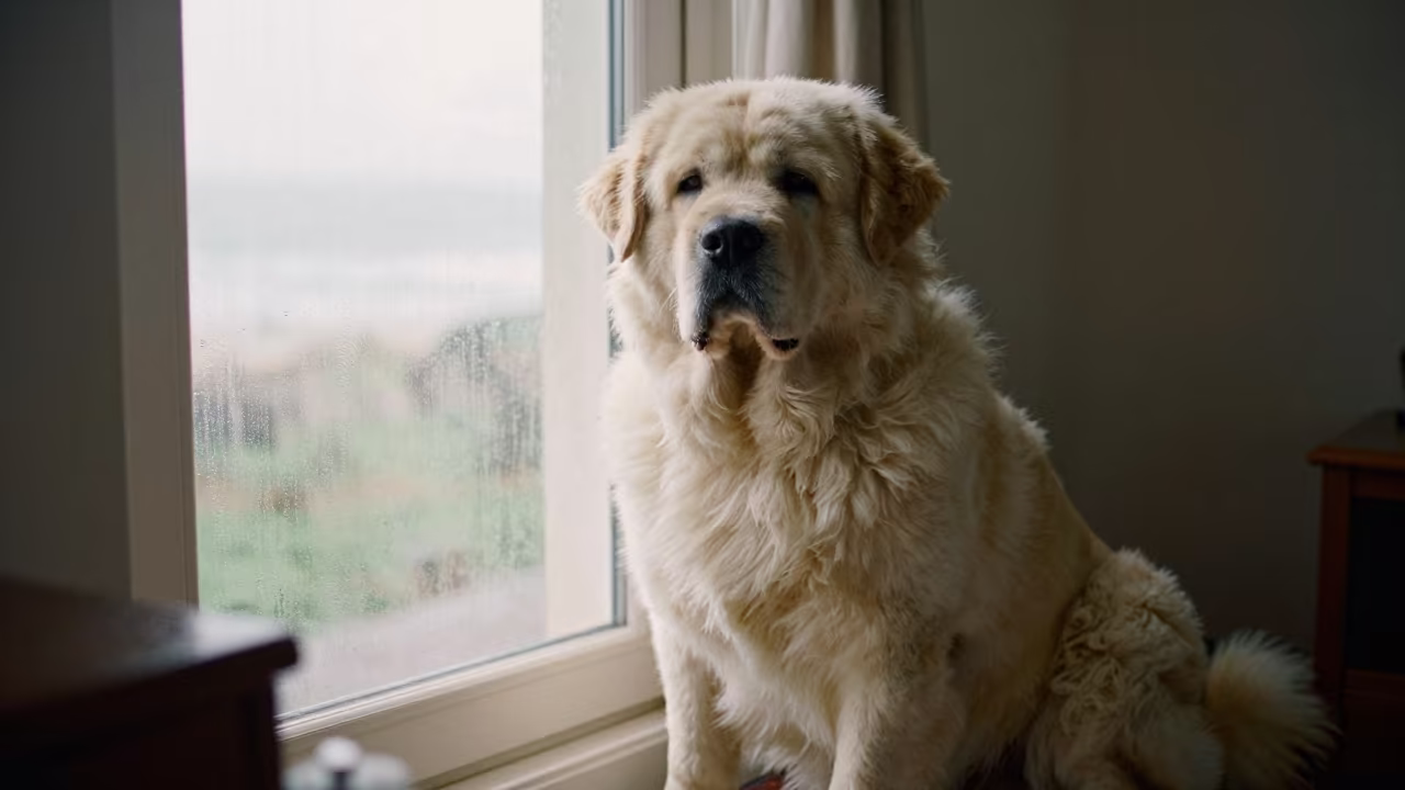Pyrenean Mastiff Portrait on Window Seat in Praia in on a cushioned window seat with soft side light and an uncluttered background in Praia