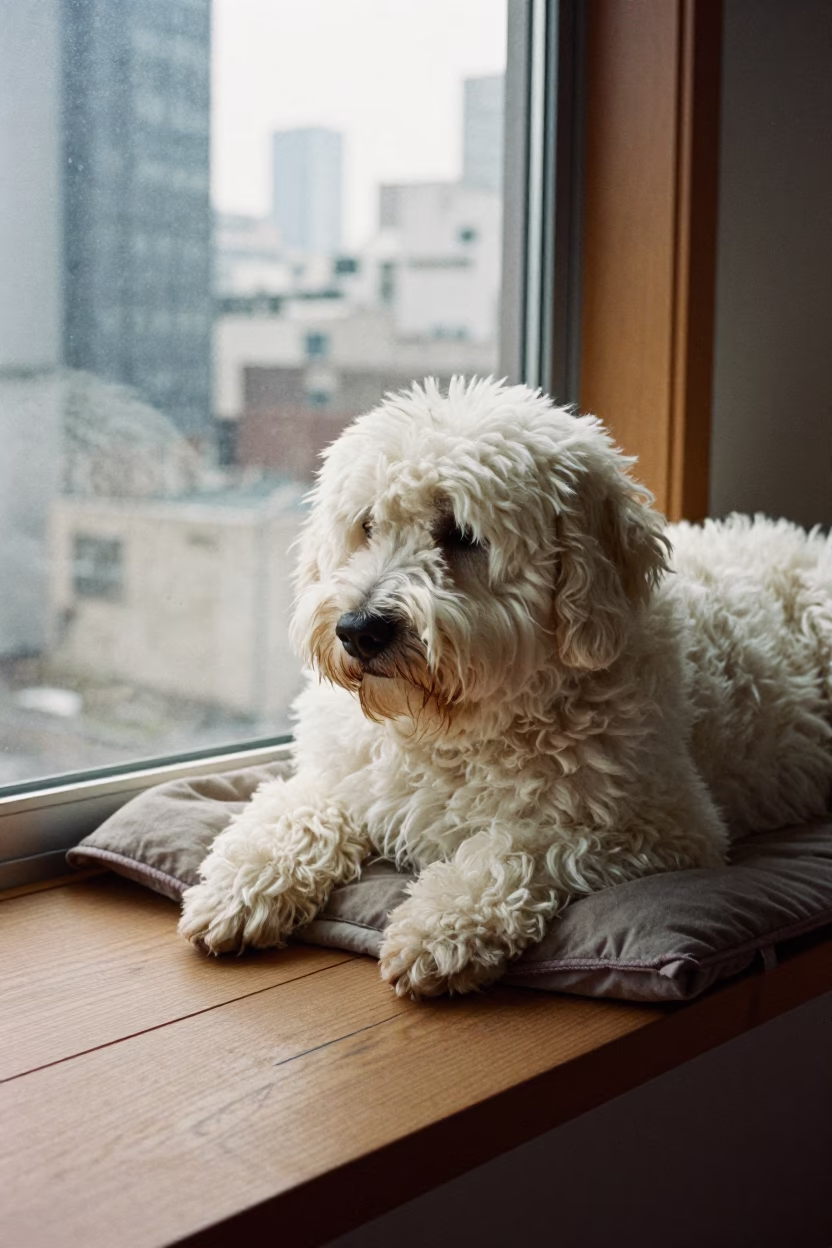Pyrenean Mastiff Resting on Tokyo Window Seat in on a window seat in a quiet apartment with soft side light in Tokyo