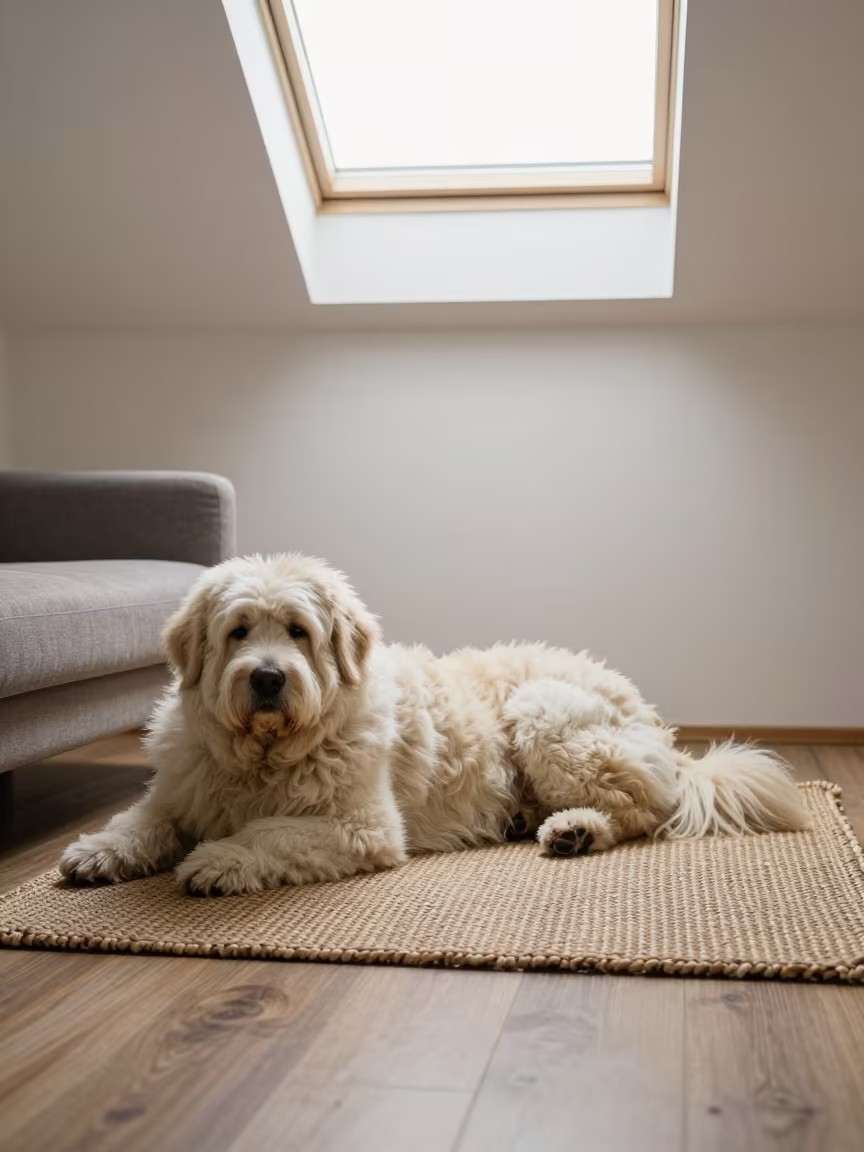 Pyrenean Mastiff Resting on Woven Rug in Winter Home in on a woven rug beside a low couch and an uncluttered wall near Moscow
