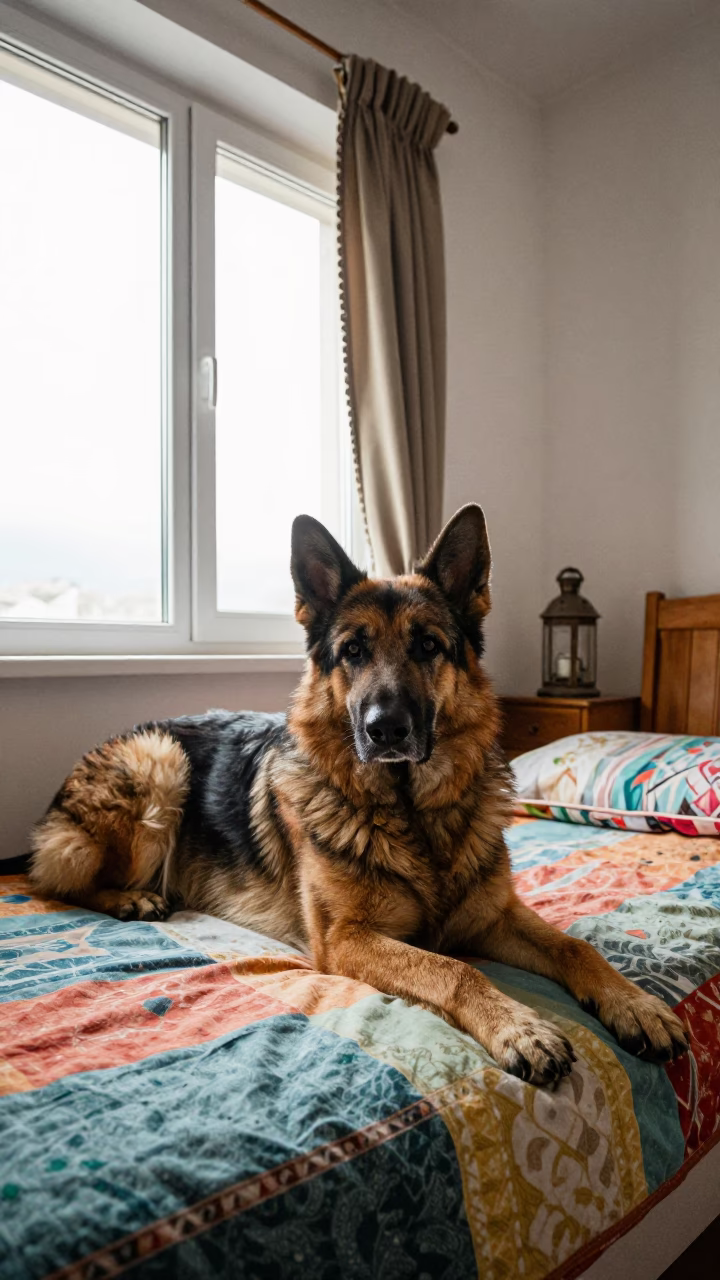 Pyrenean Shepherd on Ohrid Bedspread Near Window in on a bedspread near a bright window with calm indoor light in Ohrid