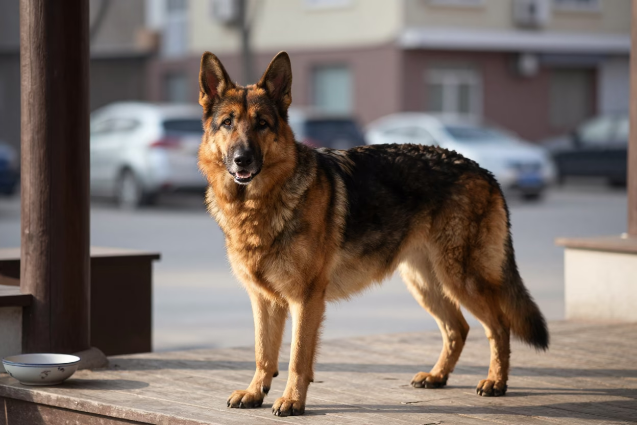 Pyrenean Shepherd on Shaded Porch in Changchun in on a shaded front porch with boards, railings, and eye-level framing in Changchun