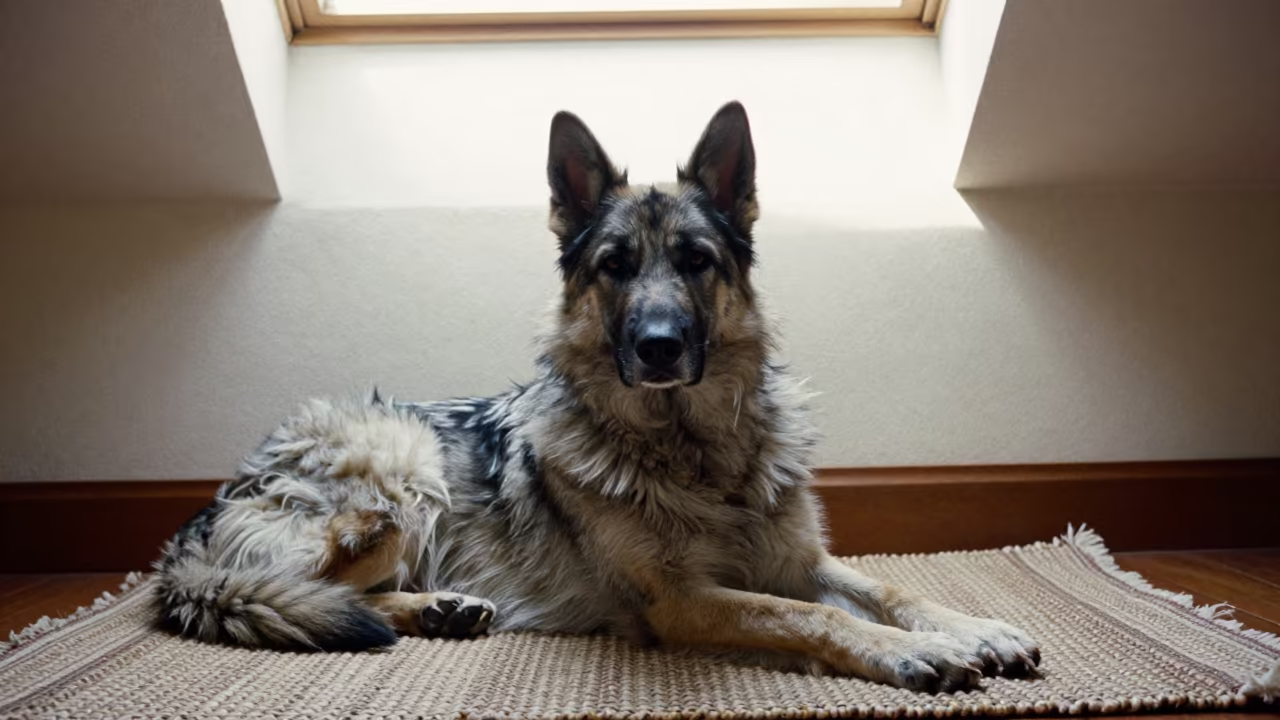 Pyrenean Shepherd on Woven Rug in Ağrı Home in on a woven rug beside a low couch and an uncluttered wall in Ağrı