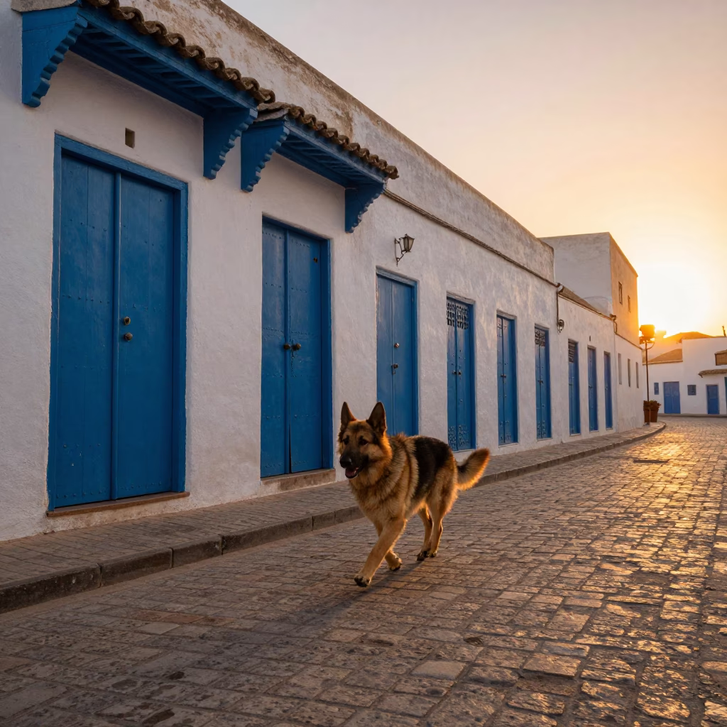 Pyrenean Shepherd Playing in Essaouira Morocco Sunset Street in in Essaouira, Morocco