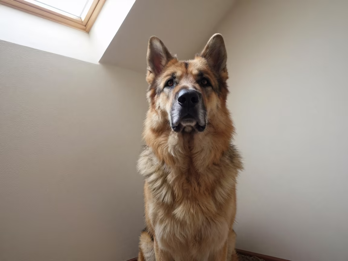 Pyrenean Shepherd Portrait in Soft Indoor Light in beside a plain plaster wall in soft indoor light with the animal centered in frame in Zapopan