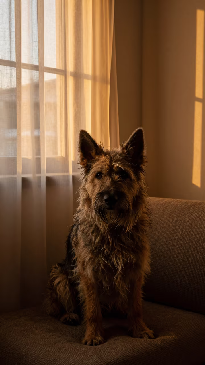 Pyrenean Shepherd Portrait in Window Light in on a sofa near a curtained window with calm indoor light in Raipur