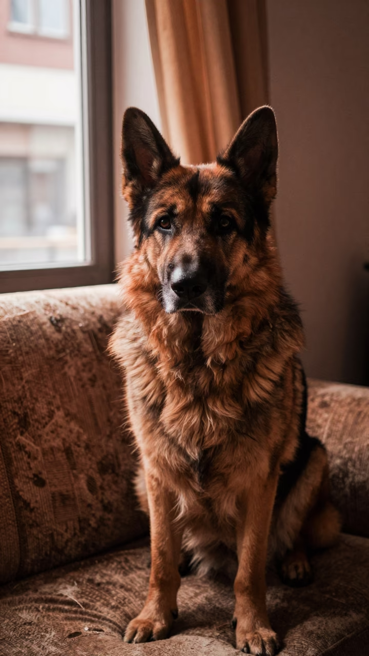 Pyrenean Shepherd Portrait Near Window in on a sofa near a curtained window with calm indoor light near Vitarte