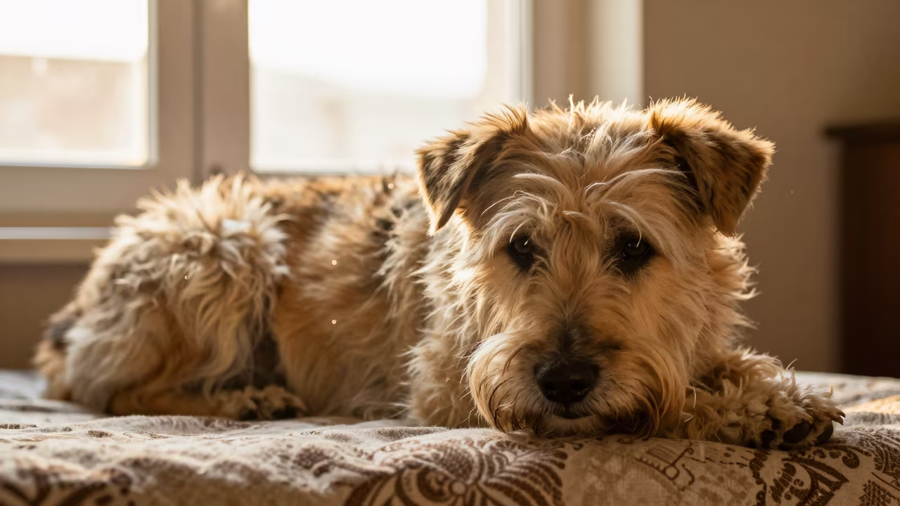 Pyrenean Shepherd Resting on Bedspread in Evening Light in on a bedspread near a bright window with calm indoor light near Tirana