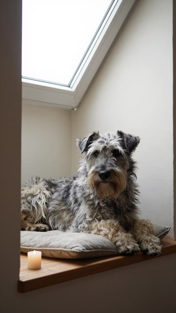 Pyrenean Shepherd Resting on Window Seat in on a window seat in a quiet apartment with soft side light in Trelew