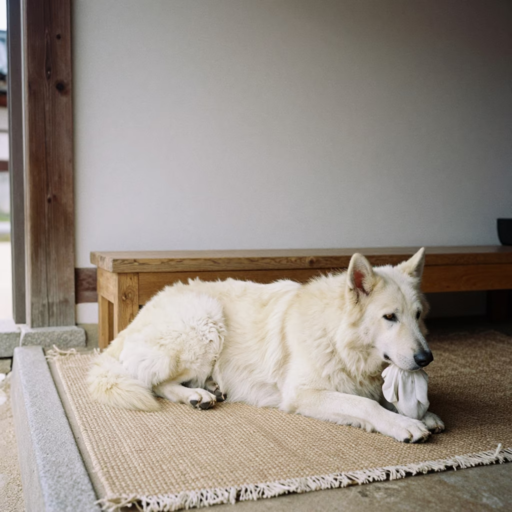 Pyrenean Shepherd Resting on Woven Rug in on a woven rug beside a low couch and an uncluttered wall near Gyeongju