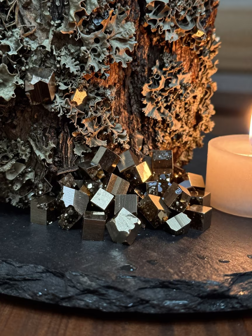 Pyrite Cubes in Dark Slate Monsoon Light in on lichen-covered bark near Bertoua
