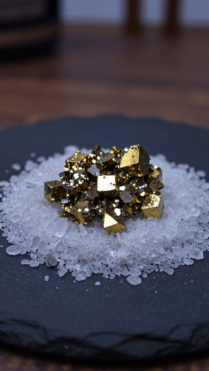 Pyrite Cubes on Salt Crystals Khushab Evening in on salt crystals along a pan rim in Khushab