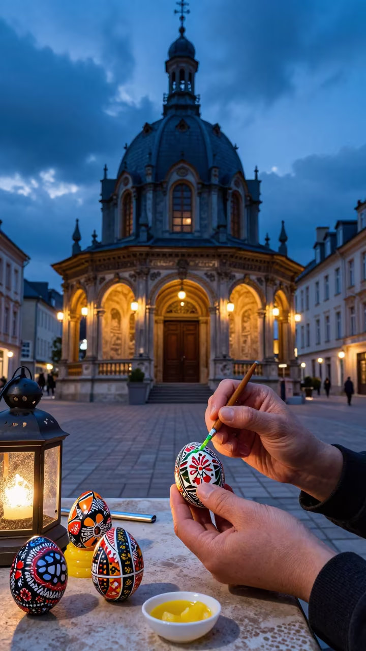 Pysanka Painter with Beeswax in Dijon Shrine Twilight in in a shrine lined with lanterns in Dijon
