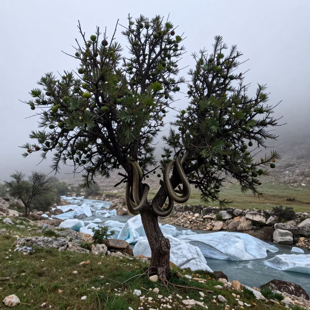 Python Coiled in Fig Tree Above Glacial Stream in above a glacial stream in the Balearic Islands