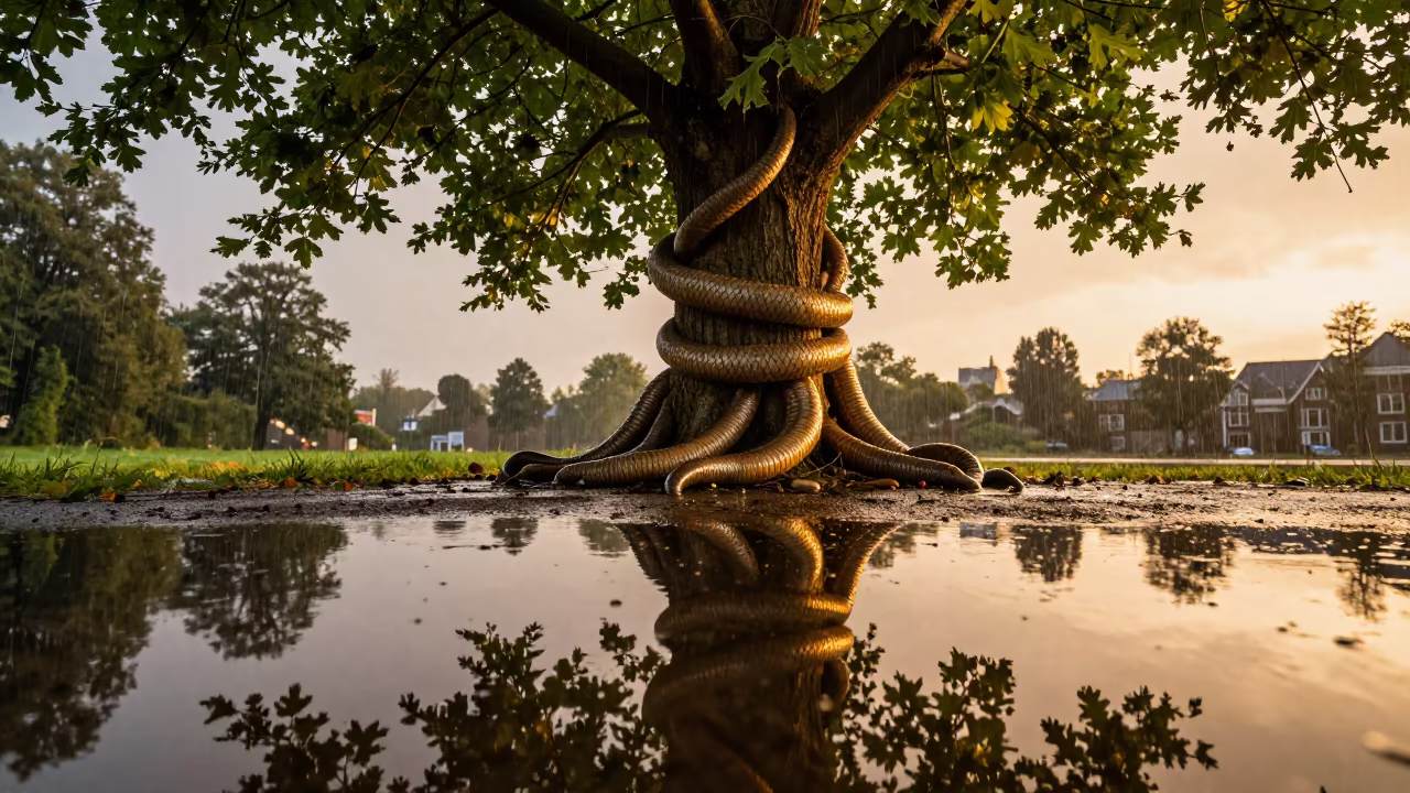 Python Coiled in Fig Tree Over Mirror Water in near Utrecht