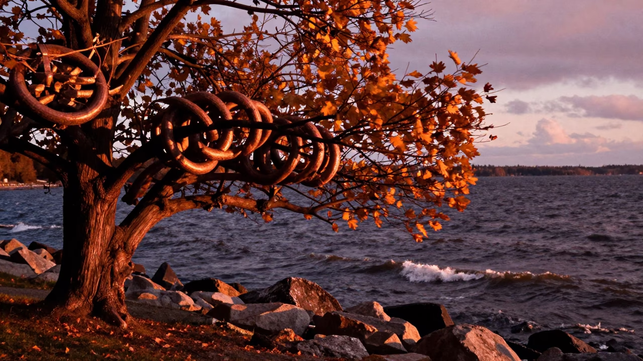 Python Coiled in Fig Tree Tidal Inlet Stockholm in beside a tidal inlet near Stockholm